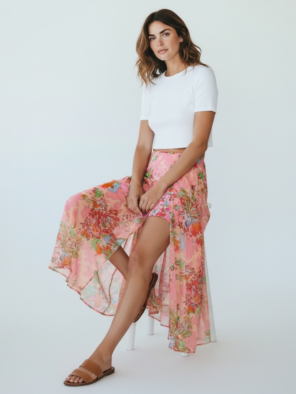 Gianni Bini Illuision Pink Floral Mini Skirt / Maxi Overlay Summer Resort M